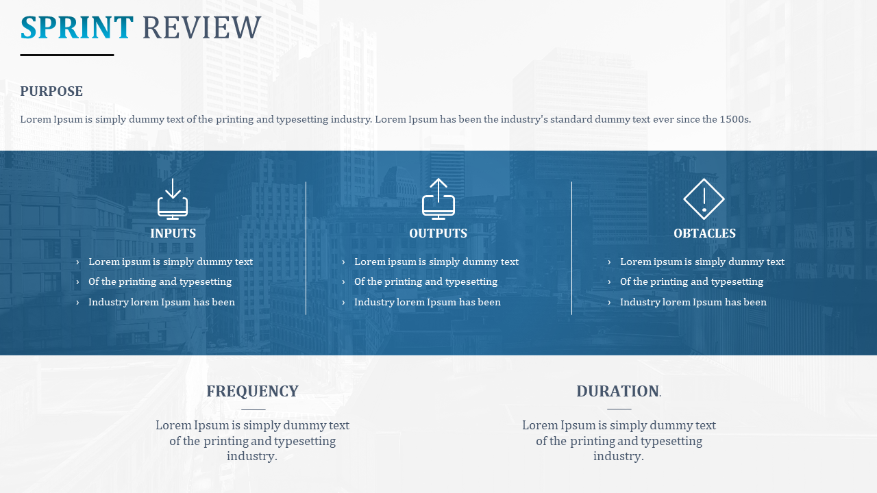 Sprint review slide with sections for inputs, outputs, and obstacles, set against a blue toned cityscape background.