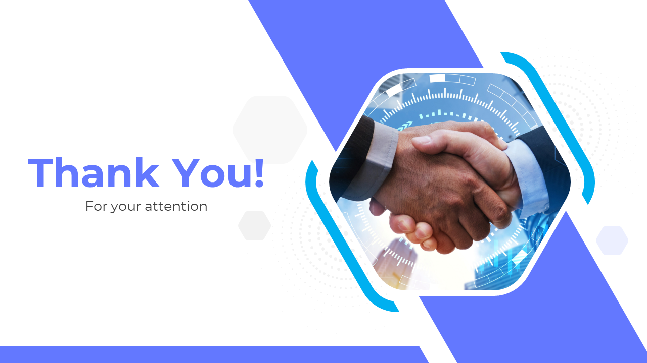 Thank you slide with a professional handshake image, blue accents, and a futuristic digital design in the background.