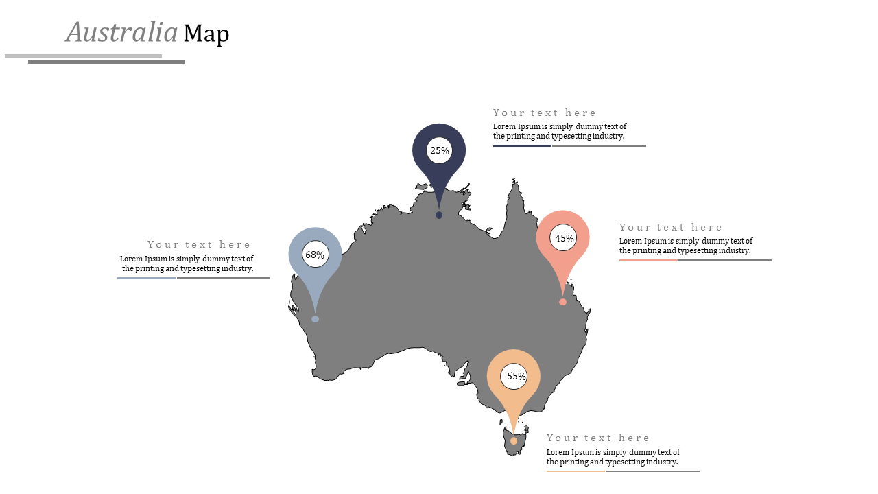 Slide featuring a map of Australia with data points highlighted, displaying percentages at various locations text area.