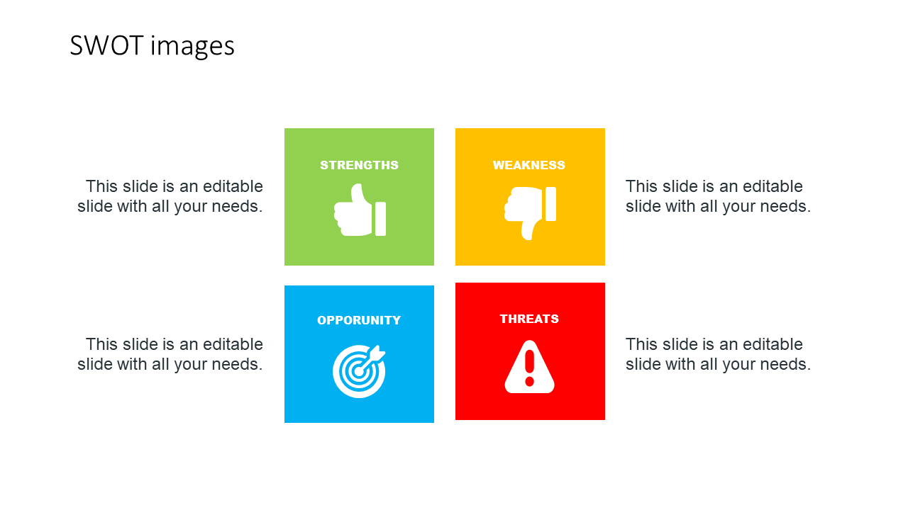 SWOT analysis slide with green, yellow, blue, and red squares, each with icons and captions.