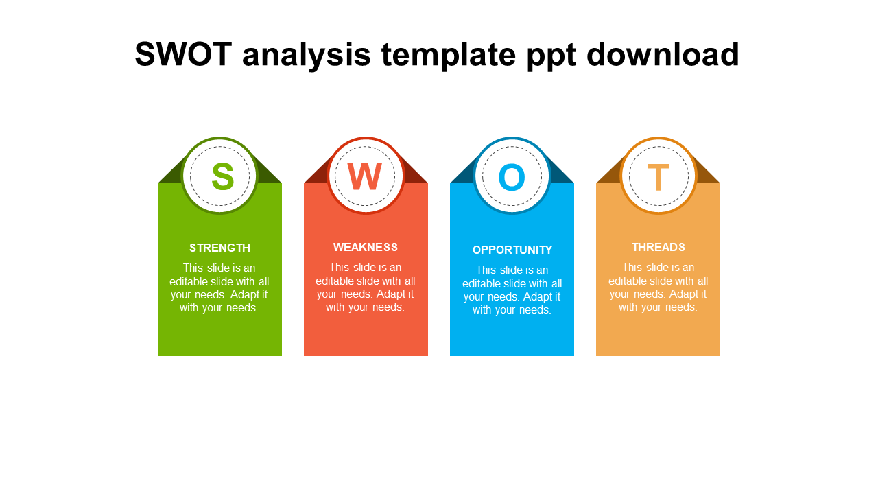 Colorful SWOT analysis PowerPoint template highlighting Strength, Weakness, Opportunity, and Threats with placeholder text.