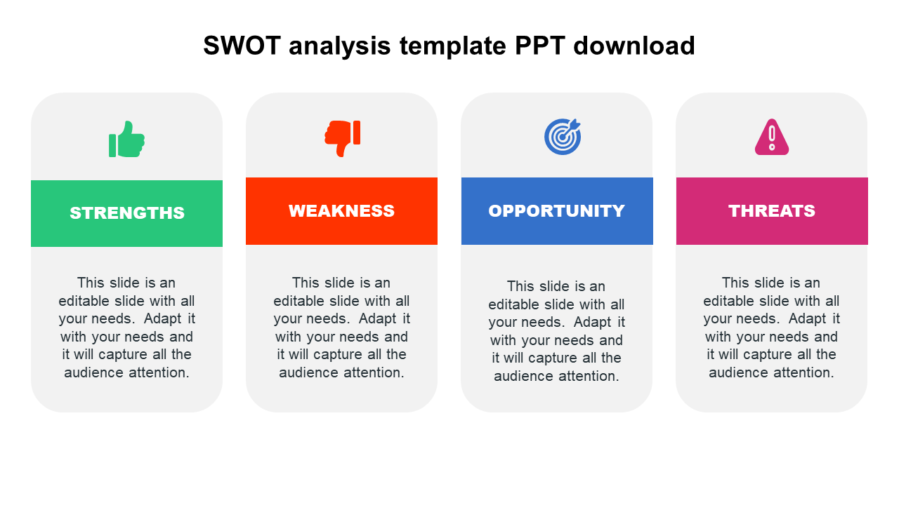 Four rectangular sections with labeled icons in green, red, blue, and purple arranged in a row for SWOT analysis template.