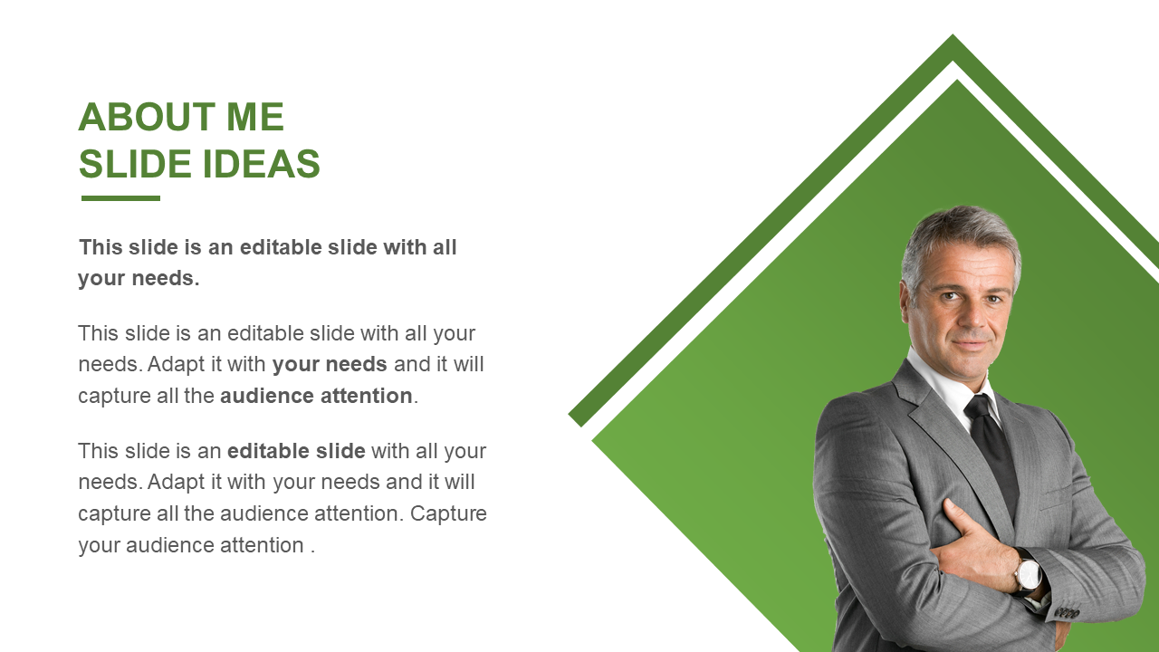 About me slide featuring a business professional in a gray suit and text blocks, highlighted with green geometric accents.