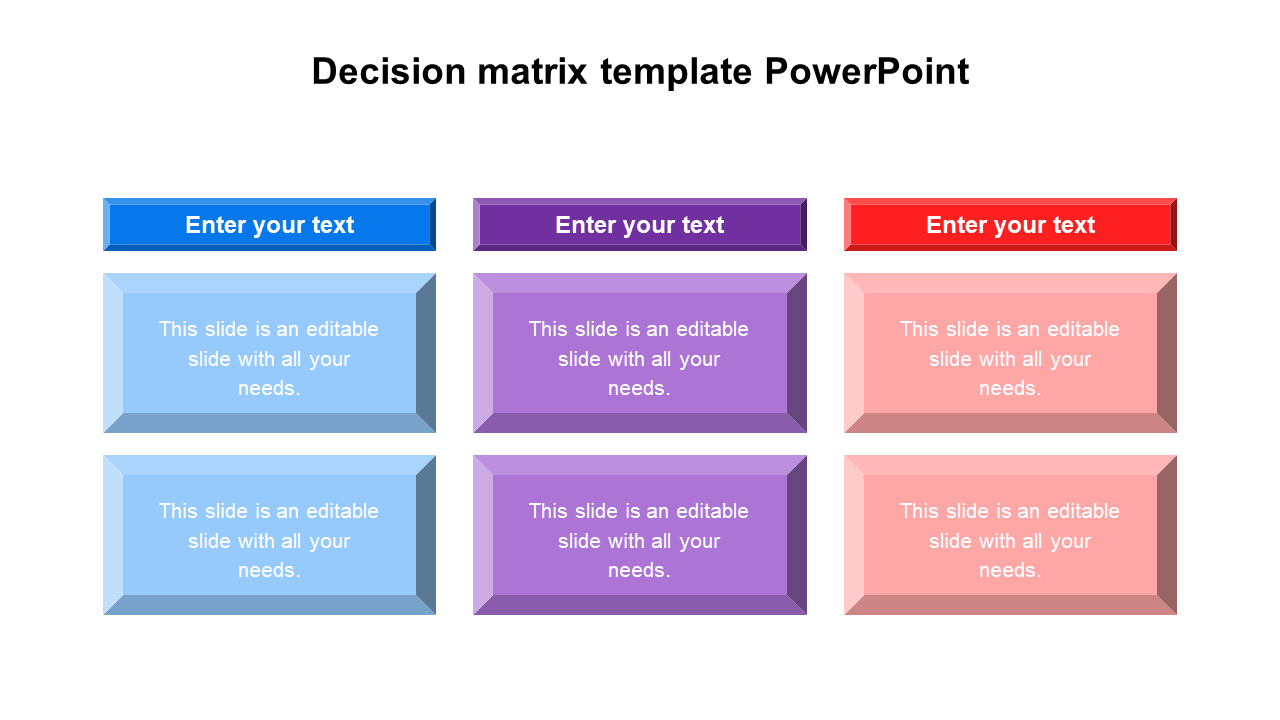 A colorful decision matrix slide featuring six text boxes arranged in a grid for organizing decision making criteria.