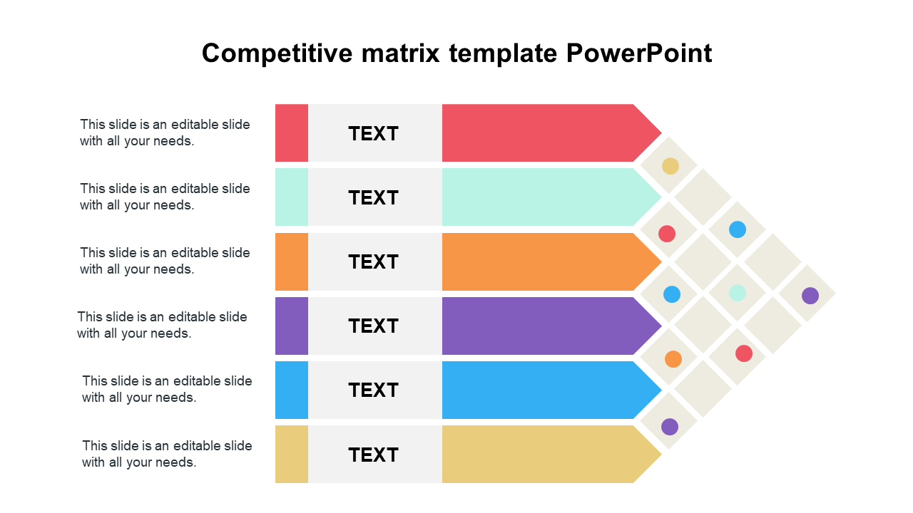 A horizontal competitive matrix with six rows of color-coded segments, featuring placeholders text and circle indicators.