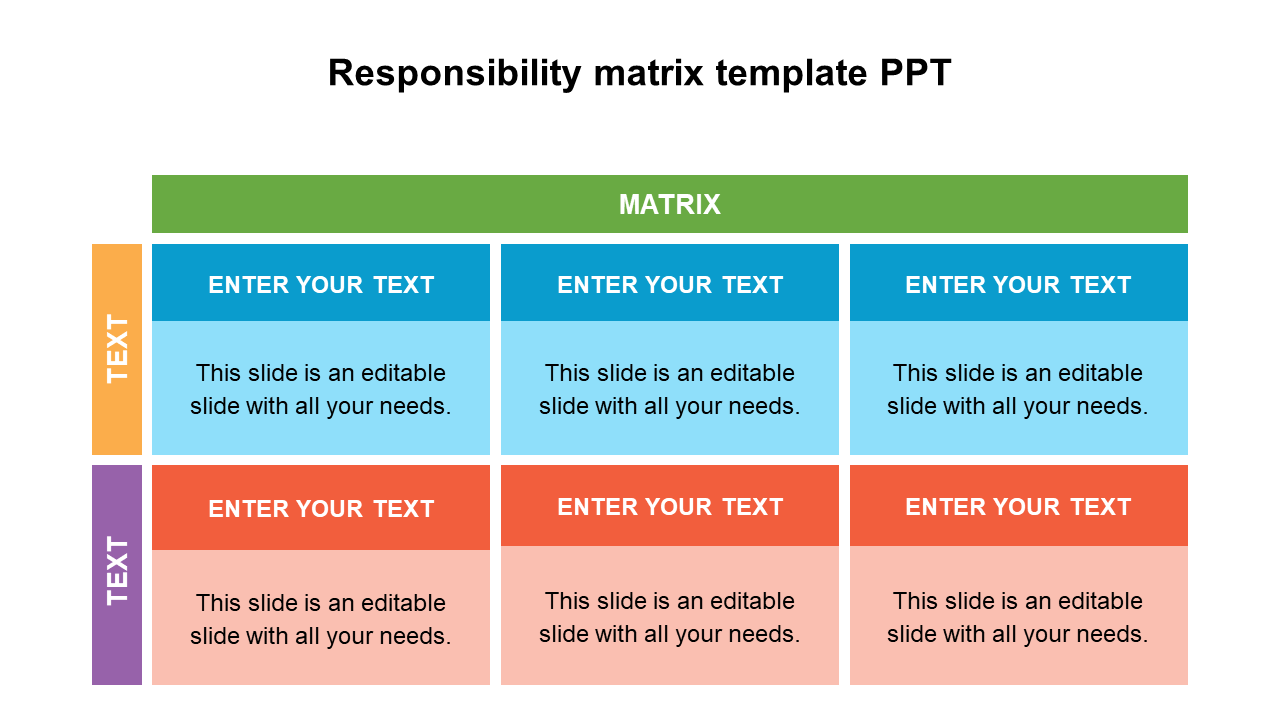 A grid layout with six colored sections for text, divided by a green header with orange and purple side labels.