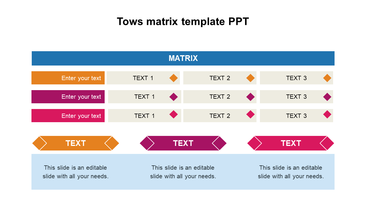 Matrix table with three rows and four columns, featuring colorful boxes and diamond icons, on a white background.