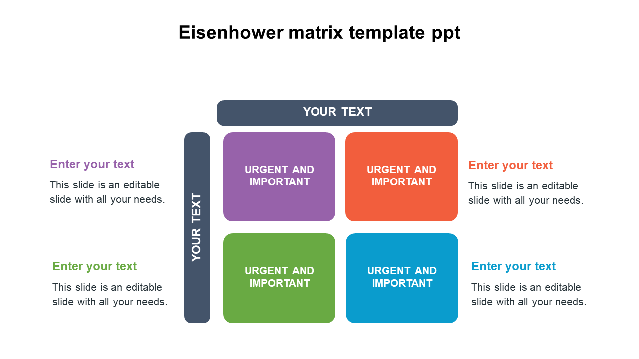 Matrix layout of four colored squares in purple, red, green, and blue, with gray header and sidebar, each with text.