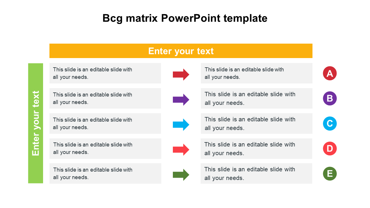 BCG matrix slide with six text blocks, each linked with colored arrows and categories labeled A to E with placeholder text.