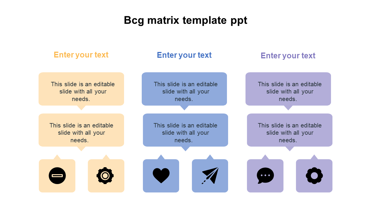 BCG matrix PowerPoint slide with icons and placeholder text.