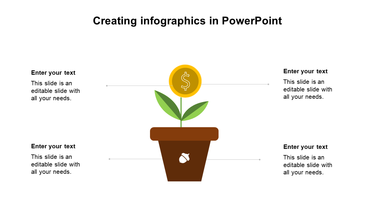 Infographic PPT template showing a money plant in a pot, symbolizing financial growth with placeholder text.