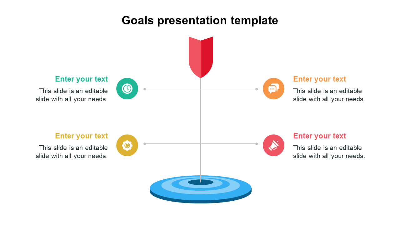 Target infographic PPT slide with a dart hitting the center and four goal indicators with placeholder text.