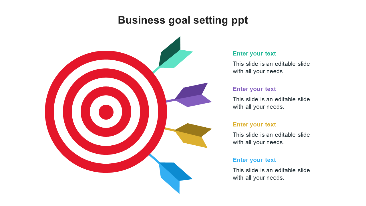 Business goal setting slide with a red target icon and arrows representing goals, accompanied by text areas.