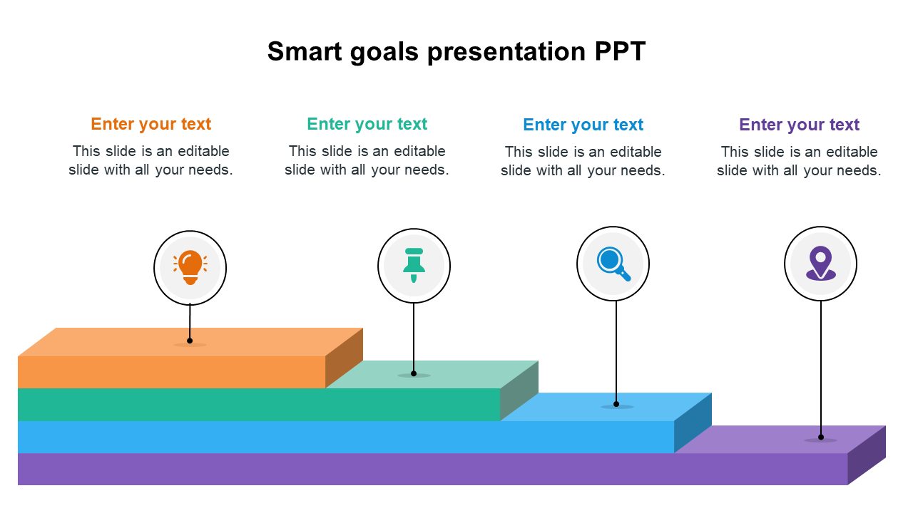 Smart goals slide showing four colored blocks stacked in ascending order, each featuring an icon and caption areas.