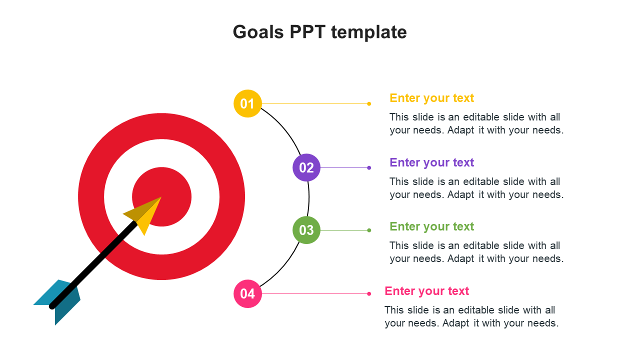 Red target with arrow hitting on the left and four numbered circles with text connected by lines.