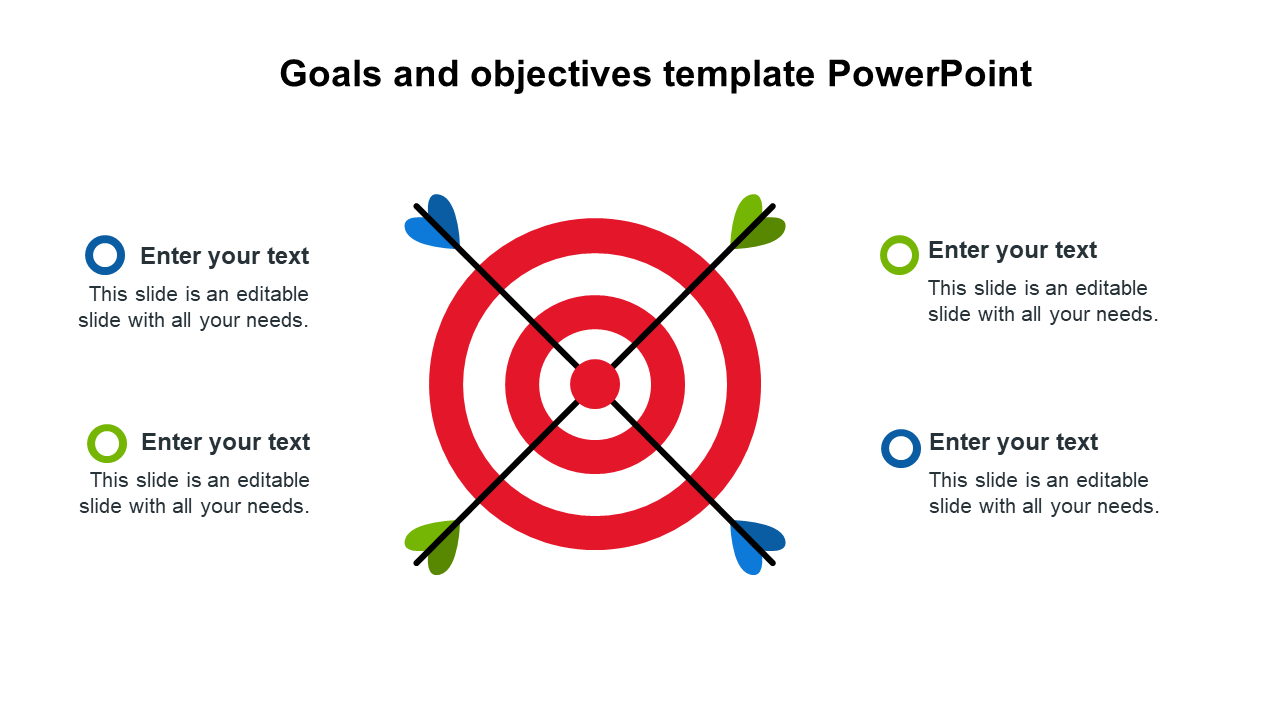 Goals and objectives bullseye target with four arrows and circular placeholders on both sides.