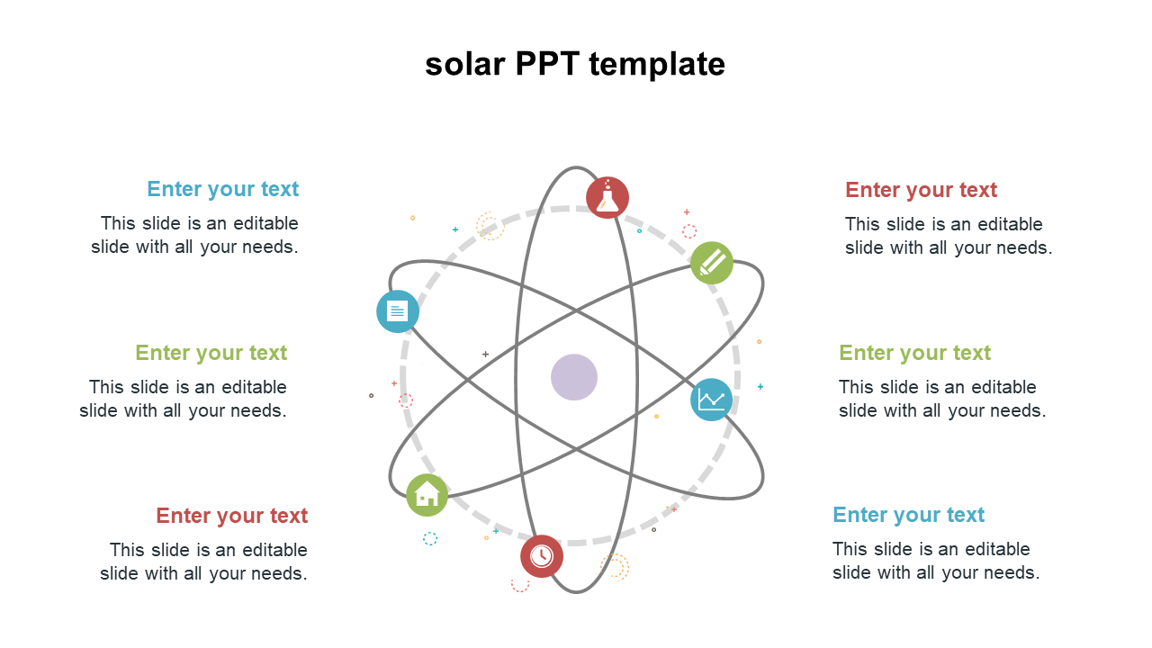 Solar themed PowerPoint template with orbiting icons representing various concepts and placeholders for text.