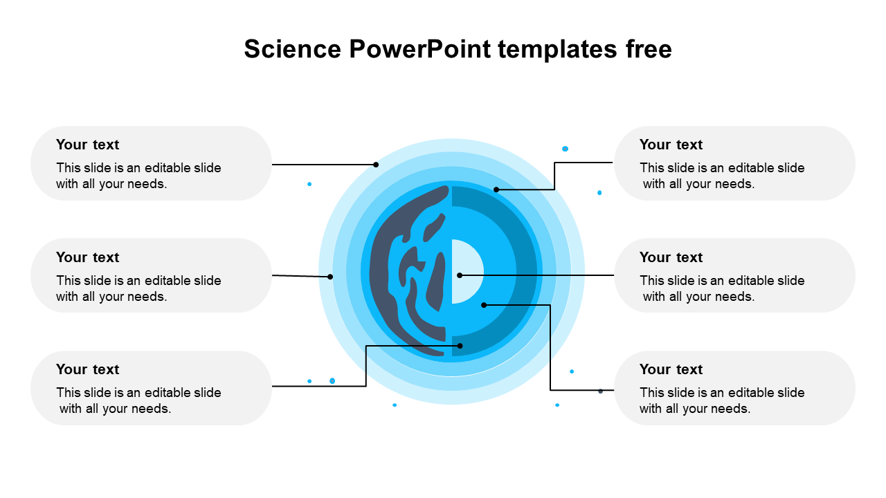 Scientific slide with a blue circular diagram and six connected placeholders with a circular design and caption areas.