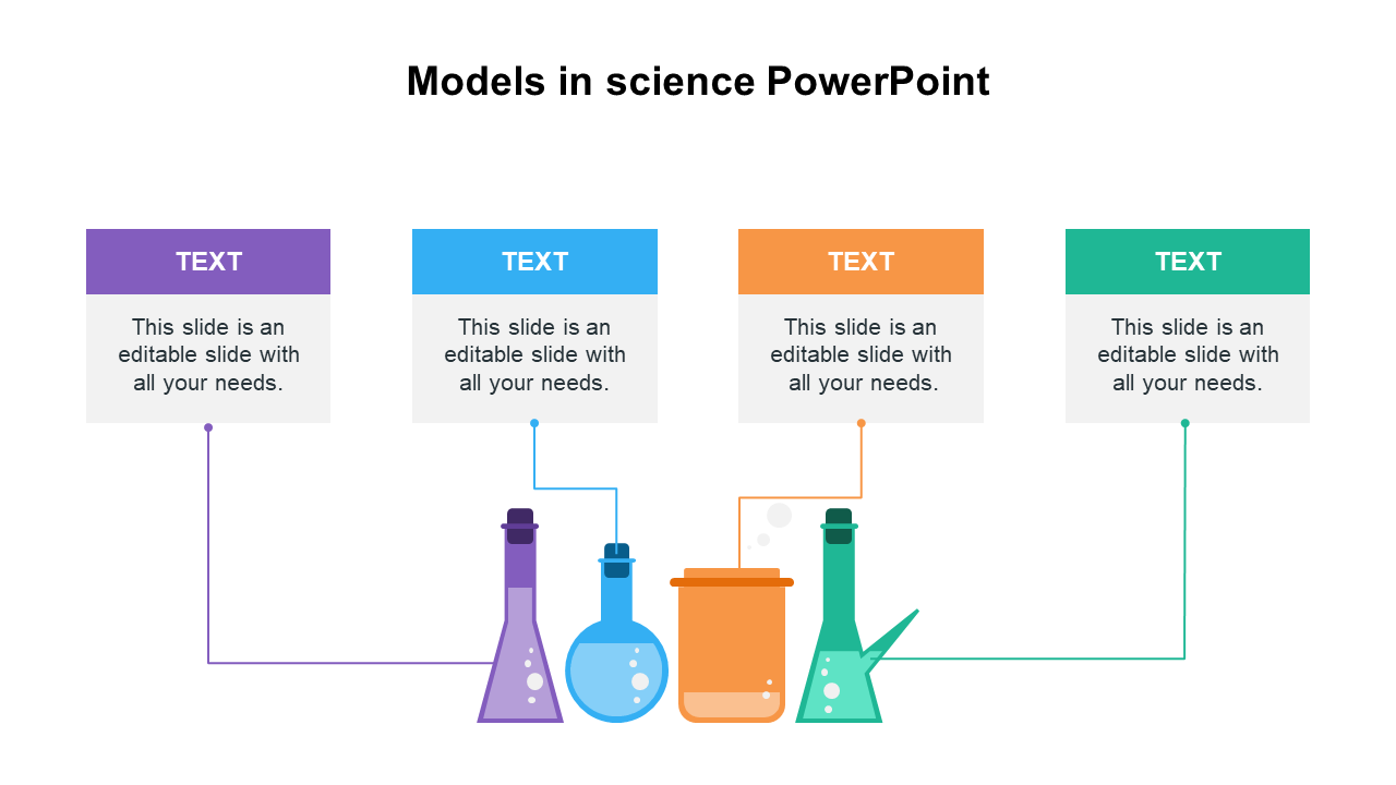 Models in science slide featuring colored beakers and test tubes connected to labeled sections.