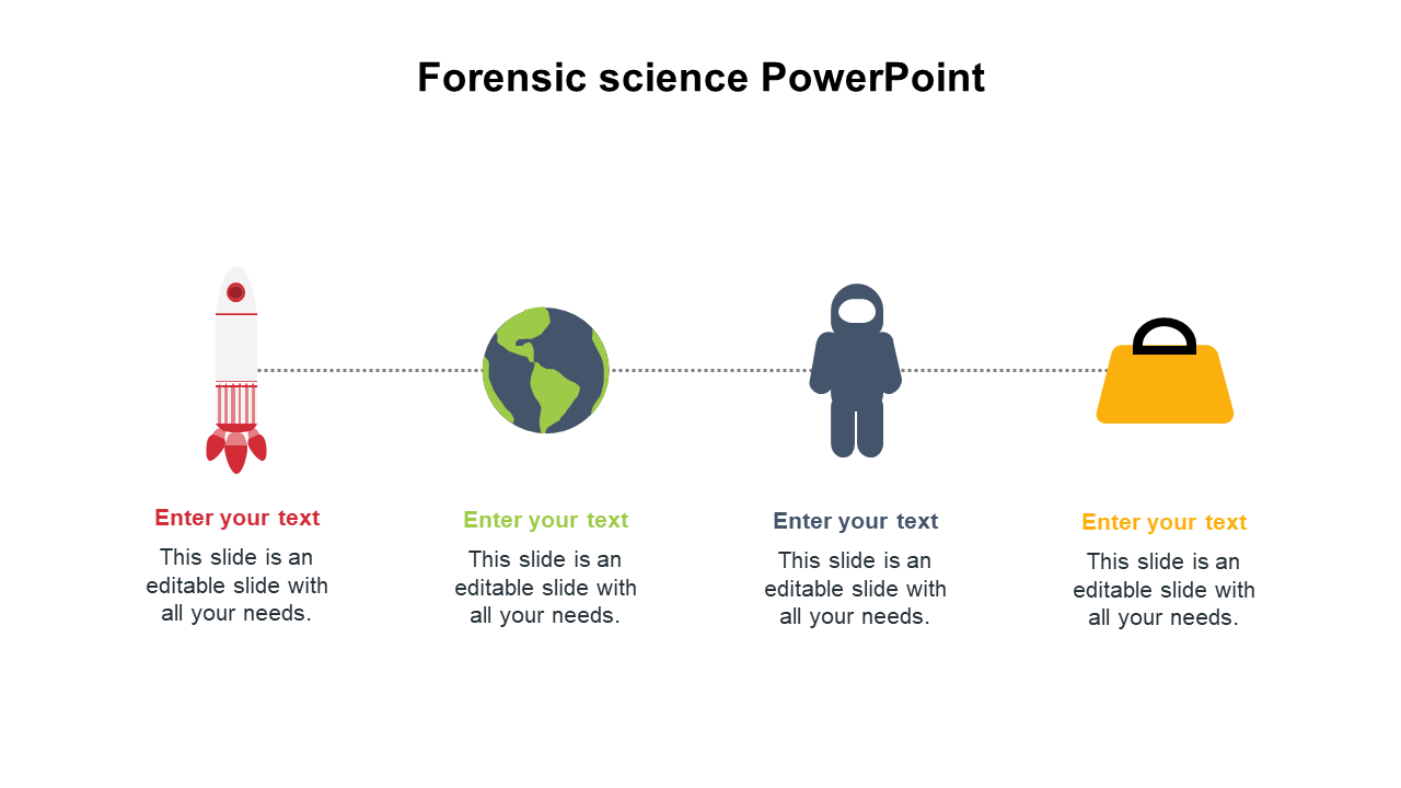 Forensic science slide with four icons a rocket, earth, a person, and a bag, each with text fields below.