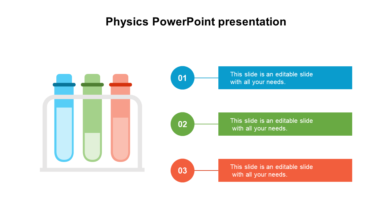 Illustration of test tubes filled with blue, green, and red liquids on a white background for a physics PowerPoint template.