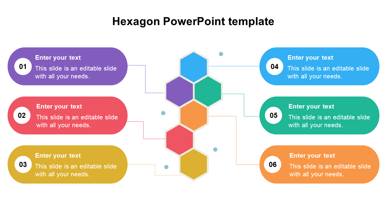 Slide with six colorful hexagon graphics in honeycomb layout, each paired with corresponding numbered text boxes.