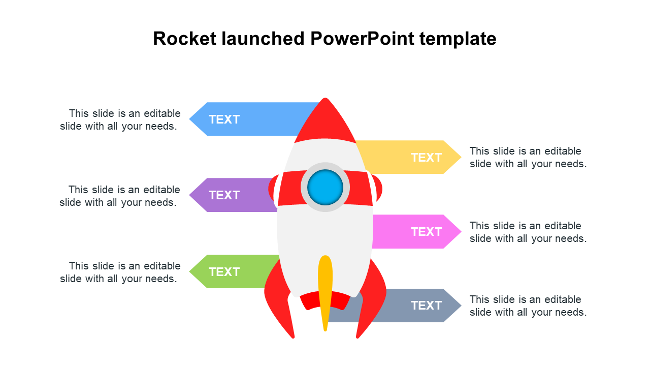 A rocket themed PowerPoint template with colorful arrows and text sections pointing out from a central rocket image.