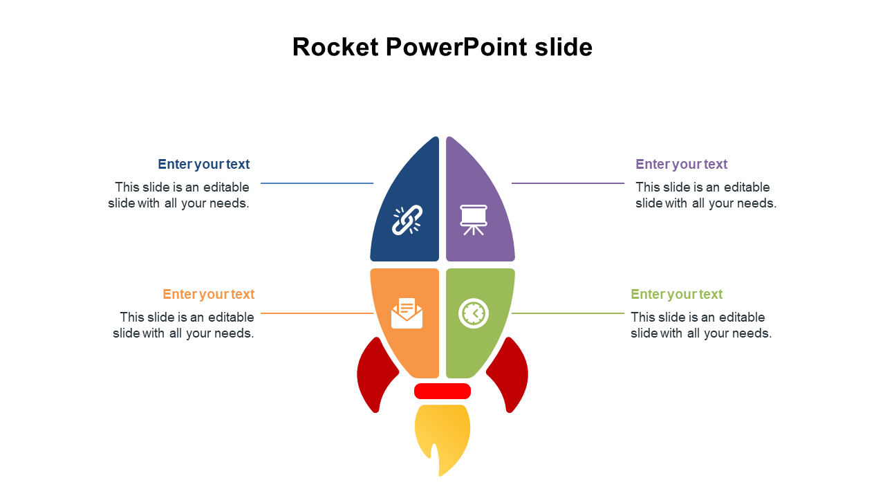 Rocket PowerPoint slide featuring four sections with icons representing links, presentations, emails, and time management.