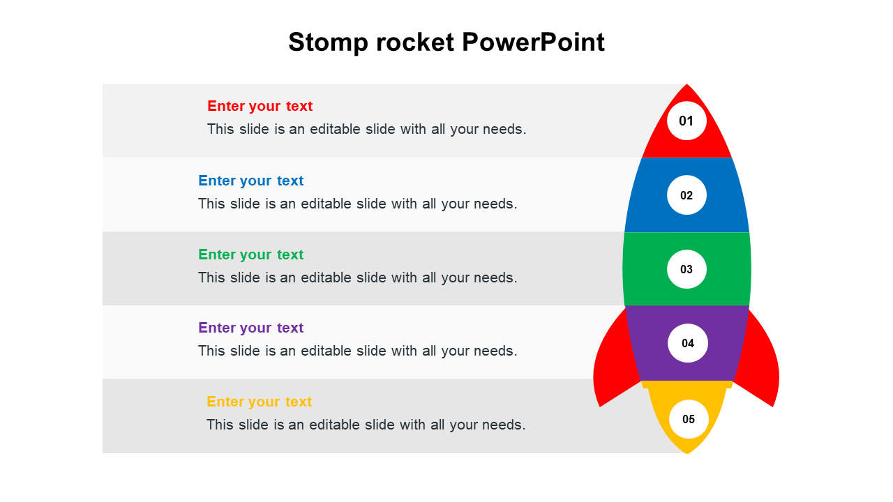 Colorful rocket infographic with five segments numbered from top to bottom, each with placeholder text.