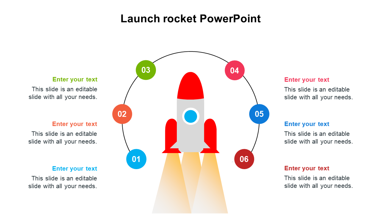 Rocket launch infographic showing six sequential steps in a circular arrangement, each with caption areas.