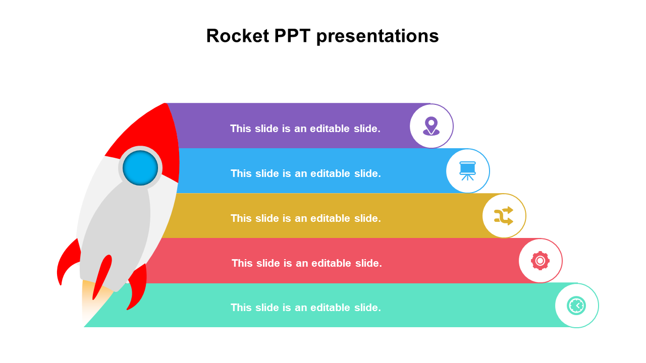 Rocket themed PowerPoint template with colorful steps and icons for location, presentation, workflow, tools, and time.