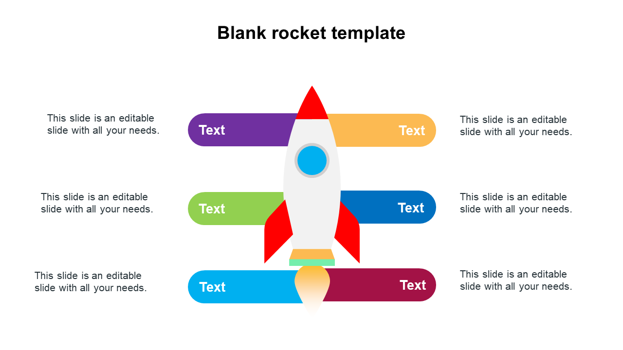 Blank rocket slide featuring a colorful rocket design with space for text in multiple sections.