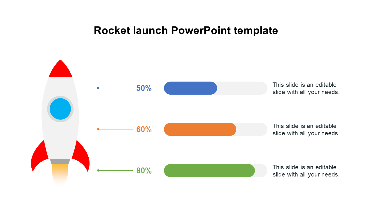 Rocket illustration with colored progress bars in blue, orange, and green, each showing percentage completion.