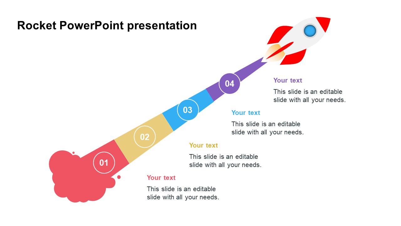 Rocket moving upward with four colored segments aligned along its path, representing sequential steps with placeholders.