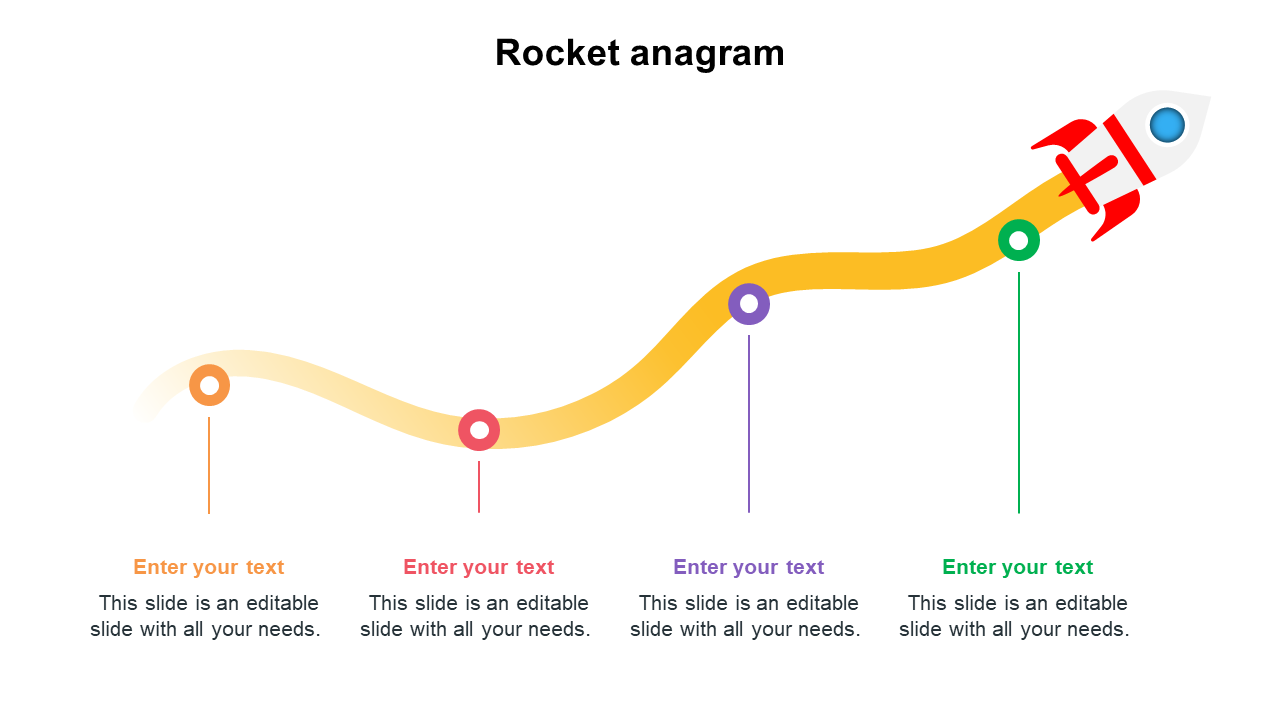 A rocket-shaped line graph with four marker with each marker having a colored circle and placeholder text boxes. 