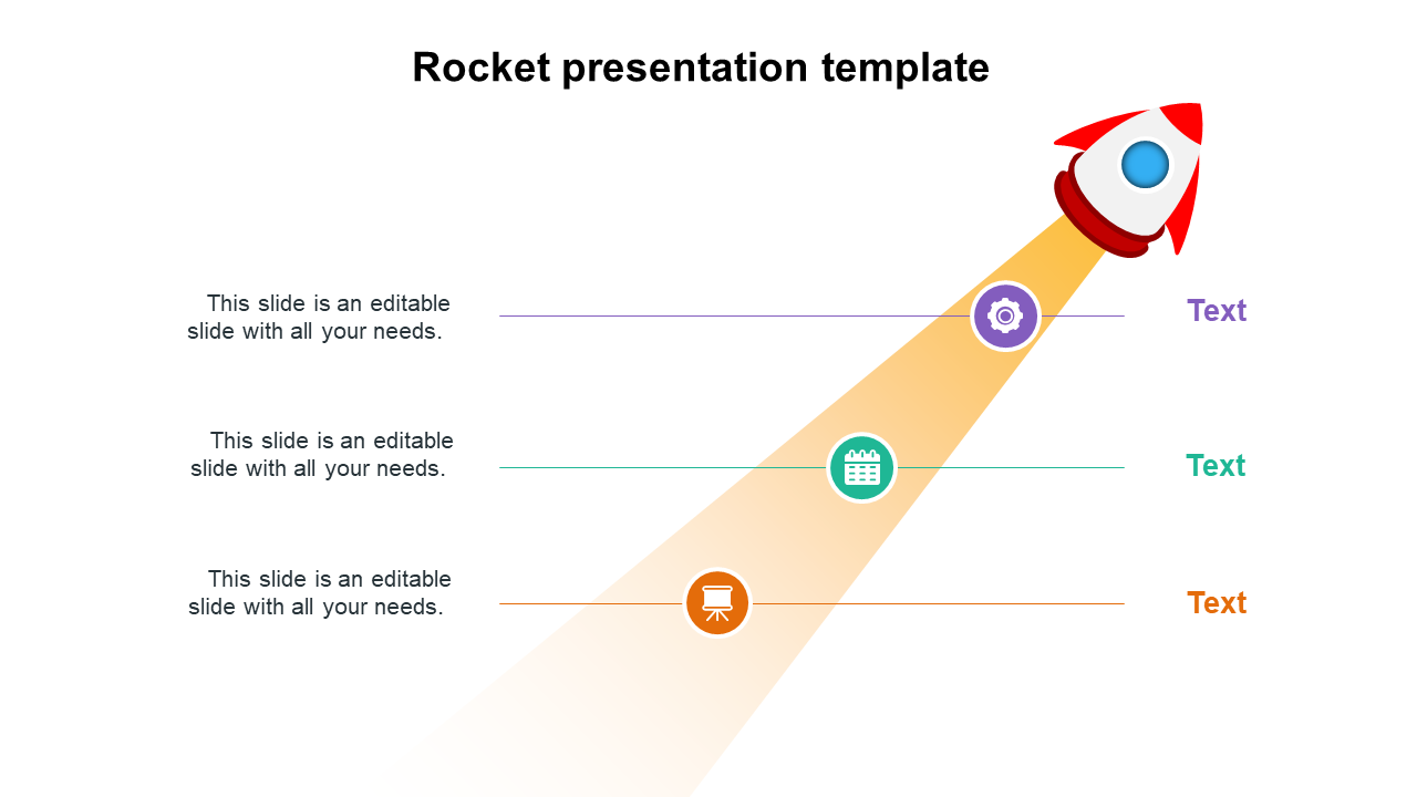 Rocket presentation slide with sections for text and icons in purple, green, and orange on a white backdrop.