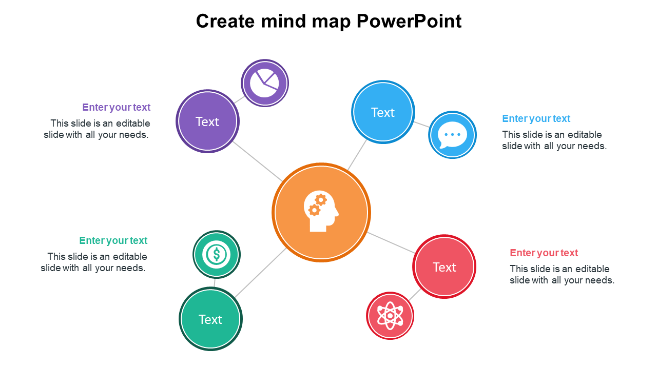 Mind map slide with a central orange icon of a head and gears, connected to colorful circles in purple, green, blue, and red.