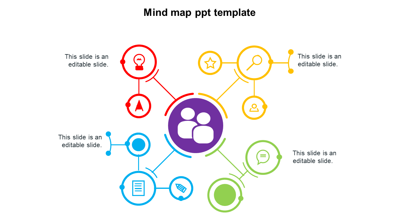 Colorful mind map slide with a central purple icon and multiple connected nodes in red, blue, yellow, and green.