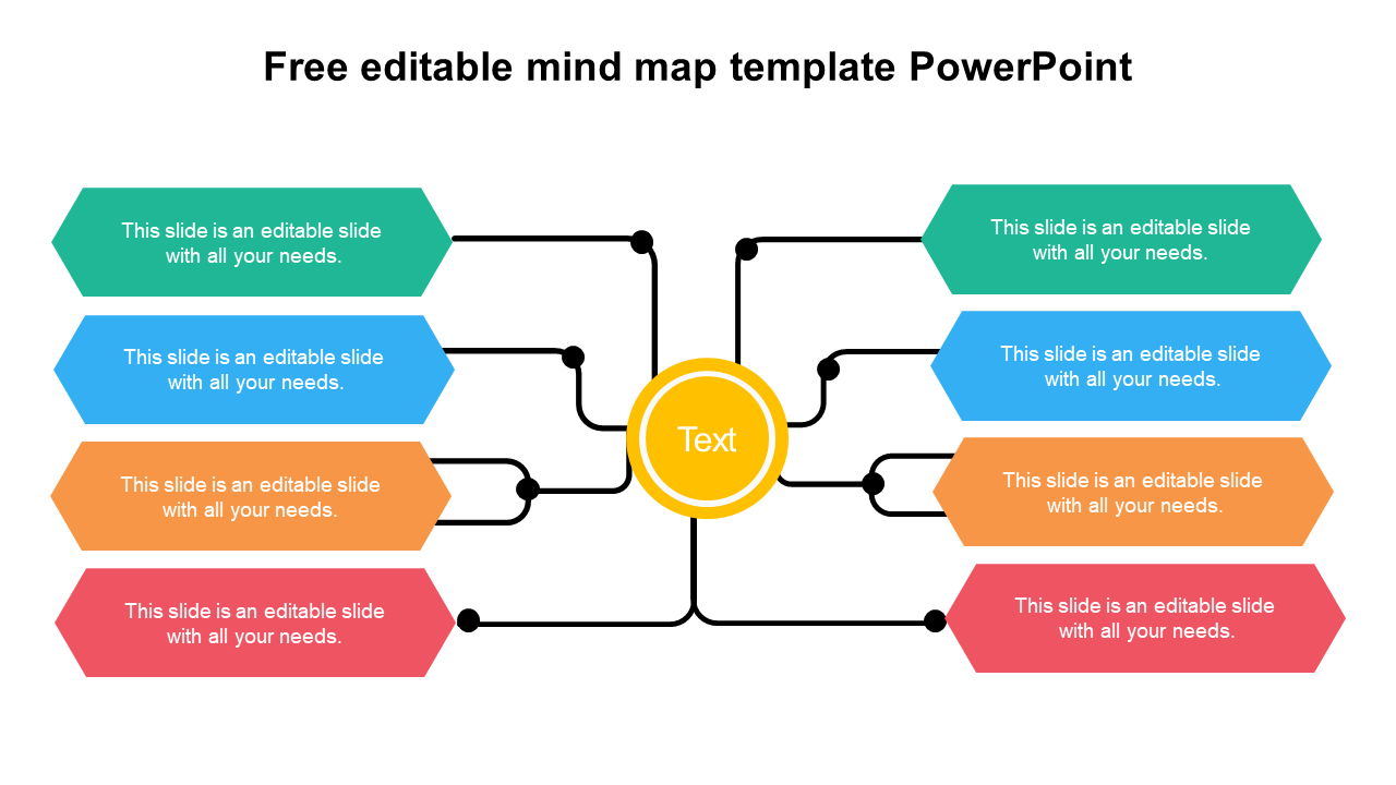 Mind map slide with a central yellow circle connecting to eight hexagonal nodes in green, blue, orange, and red hues.