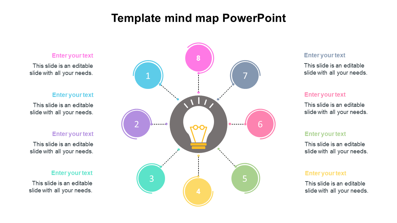 Mind map template with a central light bulb icon connected to eight colorful numbered circular nodes, each with text.