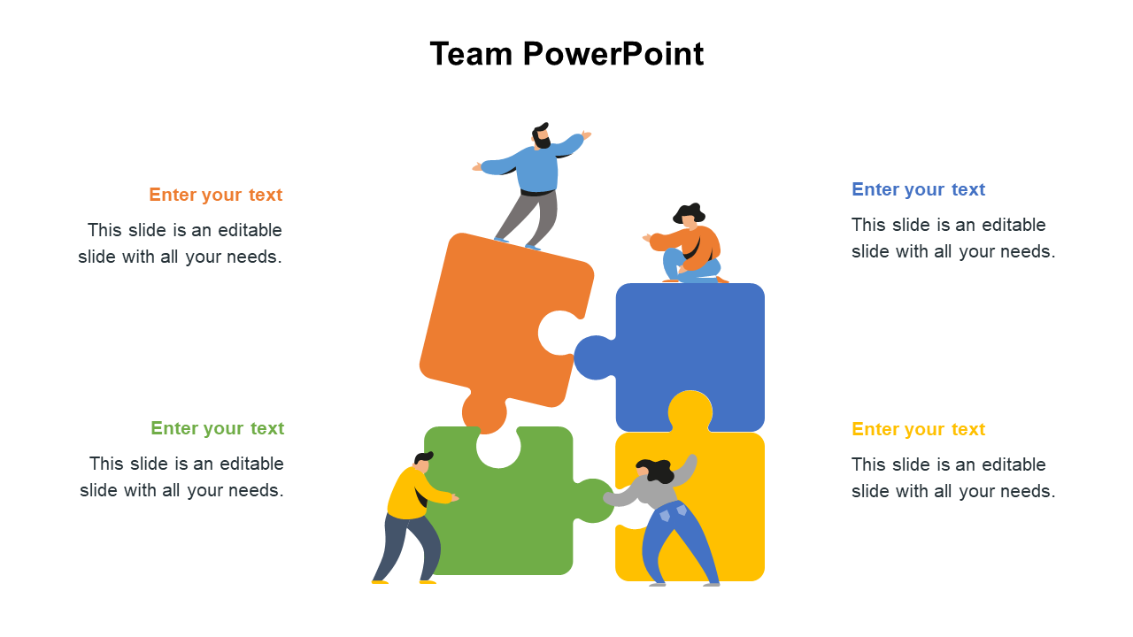 PowerPoint slide featuring a team of people assembling colorful puzzle pieces, with text areas on a white backdrop.