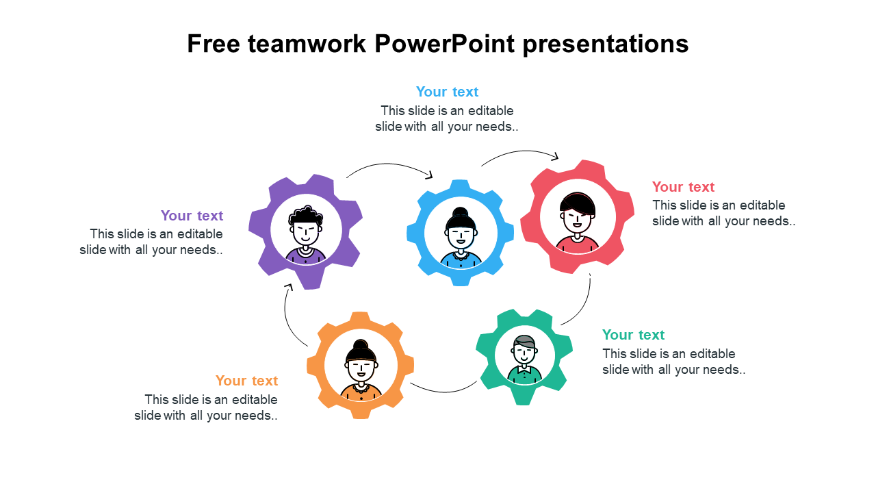 Teamwork PowerPoint template featuring colorful gears and team icons with placeholder text.