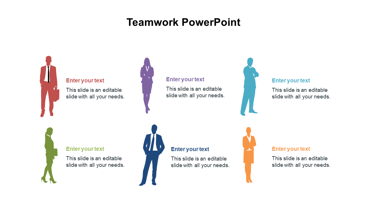 Teamwork PowerPoint template featuring diverse colorful individuals with text placeholders on a white backdrop.