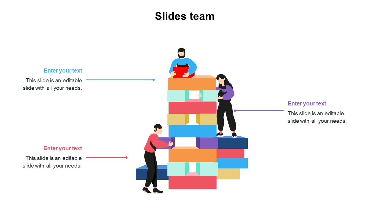 A team slide featuring people worked together to build a structure with colorful blocks, each labeled with text areas.