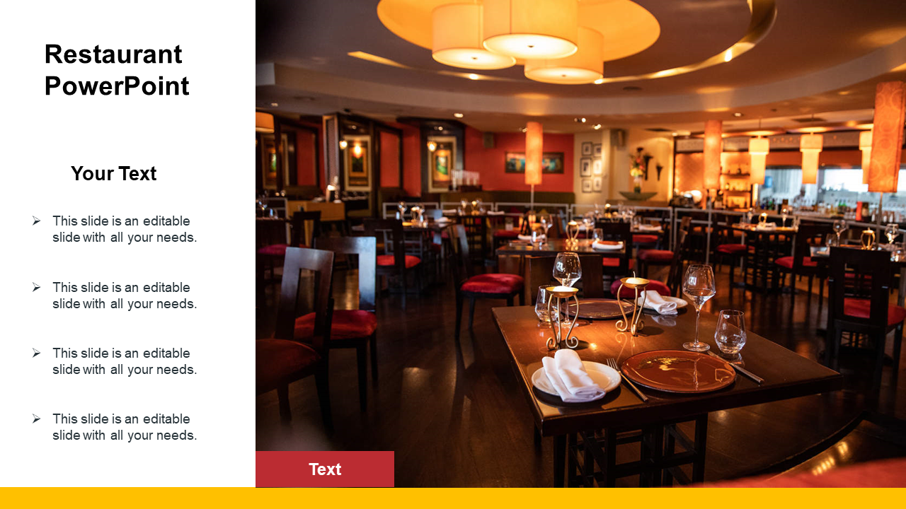 Elegant restaurant interior with warm lighting on the right and a text section on the white left panel.