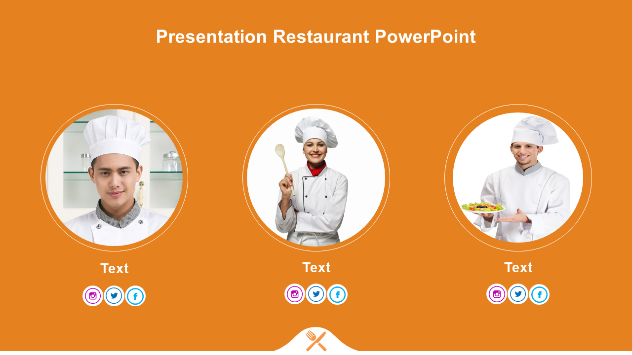 Restaurant team slide with three chefs in circular frames on an orange background, featuring social media icons below.