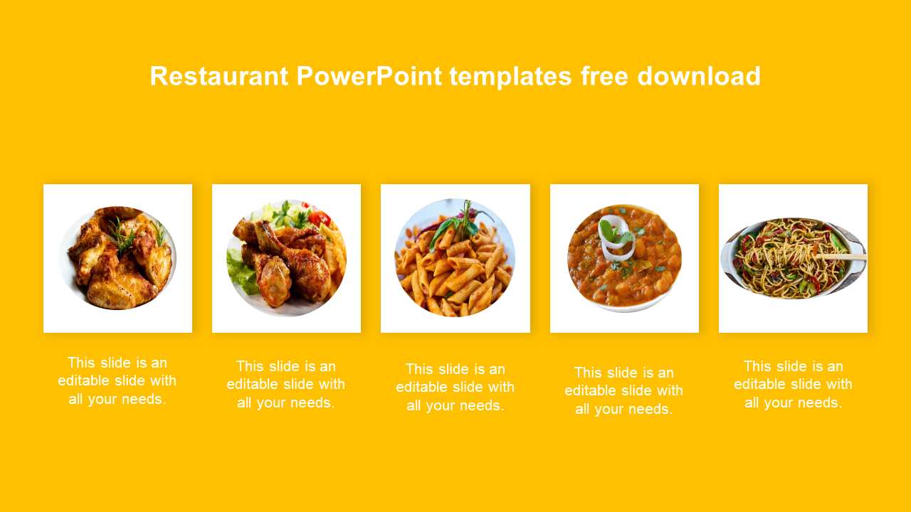 A restaurant slide featuring five images of various dishes, with  text placeholders below each image.