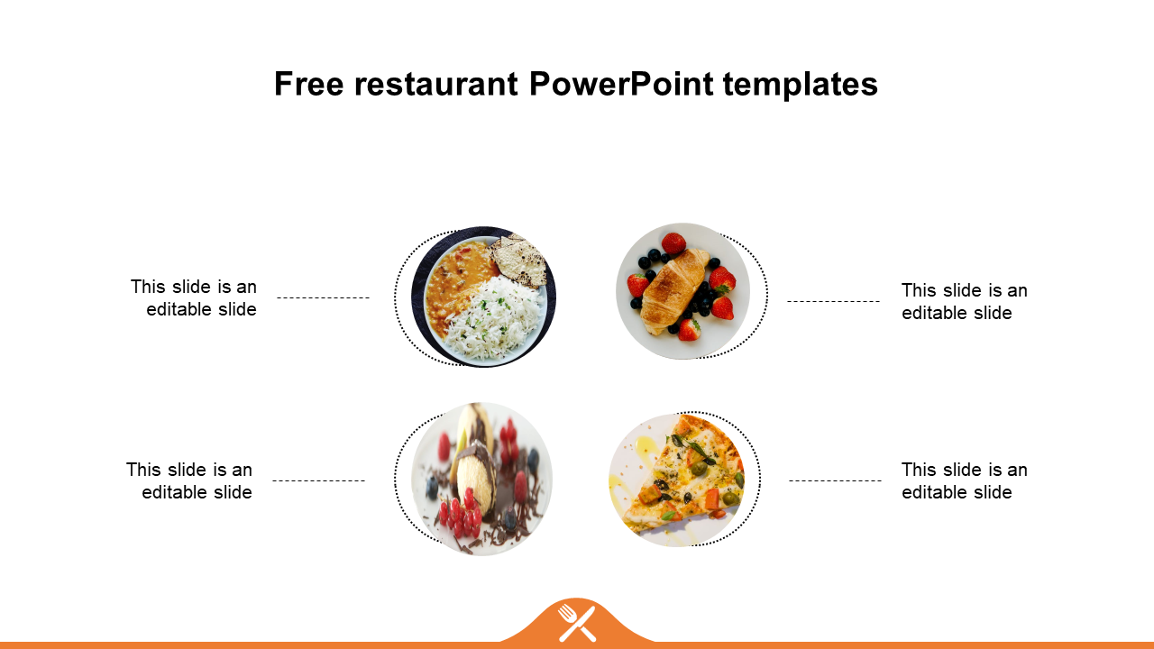 PowerPoint slide with four food images in circular frames, showcasing different dishes for a restaurant theme with text area.