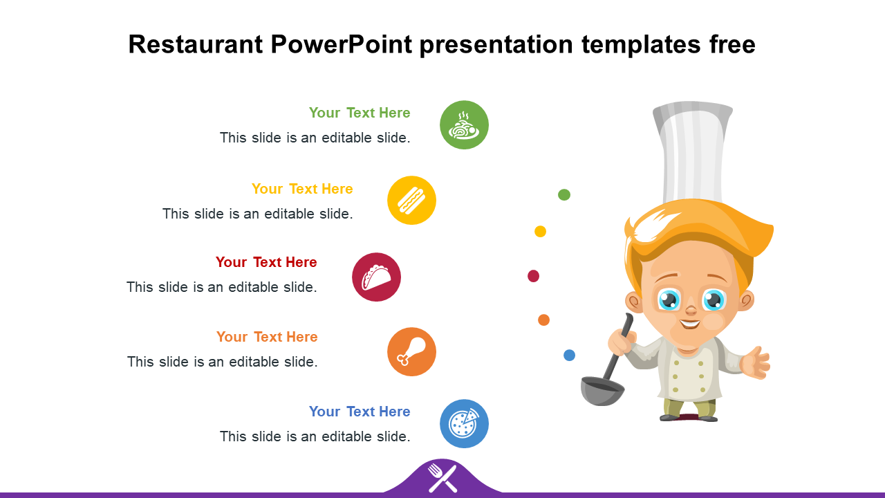 Restaurant-themed PowerPoint template with a cartoon chef and colorful food icons representing different dishes