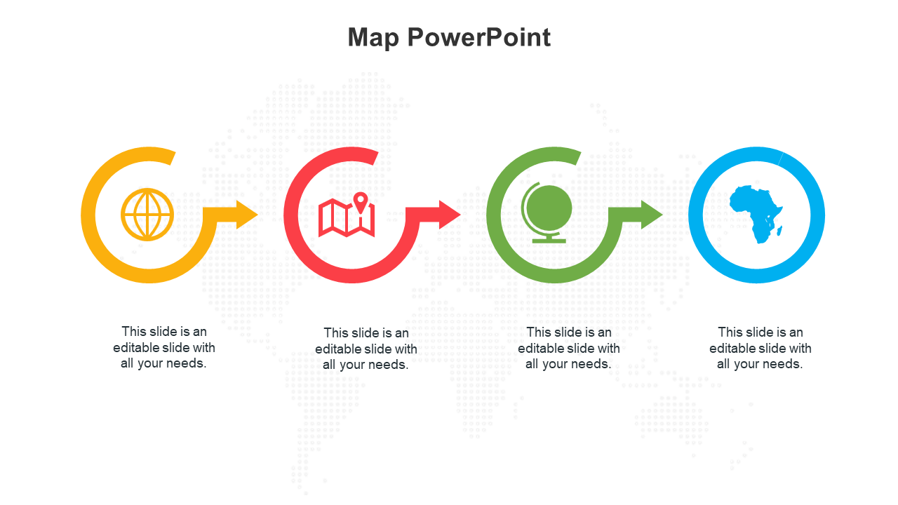 Map-themed slide showing icons of a globe, map marker, and continents linked by arrows.